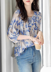 Chic Blue O-Neck Print Chiffon Top Summer