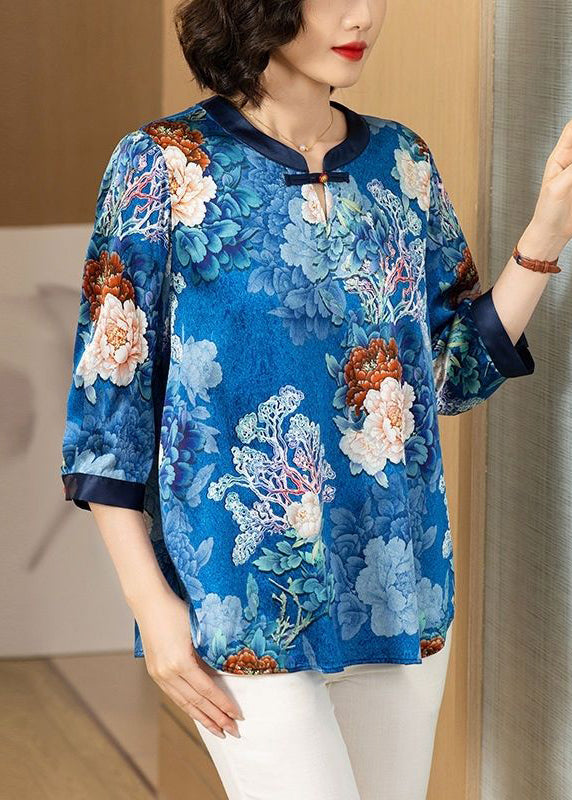 Chic Blue O Neck Print Patchwork Silk Shirt Bracelet Sleeve