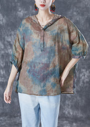 Chic Blue Oversized Tie Dye Linen Shirt Tops Bracelet Sleeve