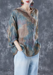 Chic Blue Oversized Tie Dye Linen Shirt Tops Bracelet Sleeve