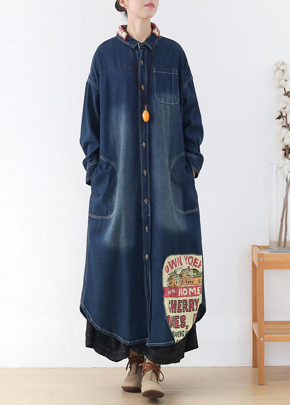 Chic Blue Peter Pan Collar Patchwork Letter Print Button Pockets Cotton Denim Dresses Long Sleeve