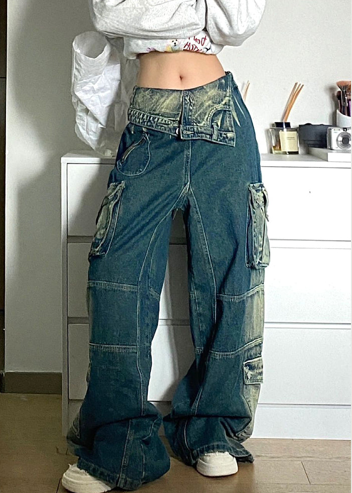 Chic Blue Pockets Patchwork Denim Fall Pants High Waist