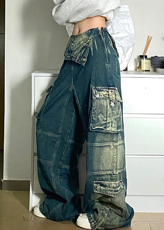 Chic Blue Pockets Patchwork Denim Fall Pants High Waist