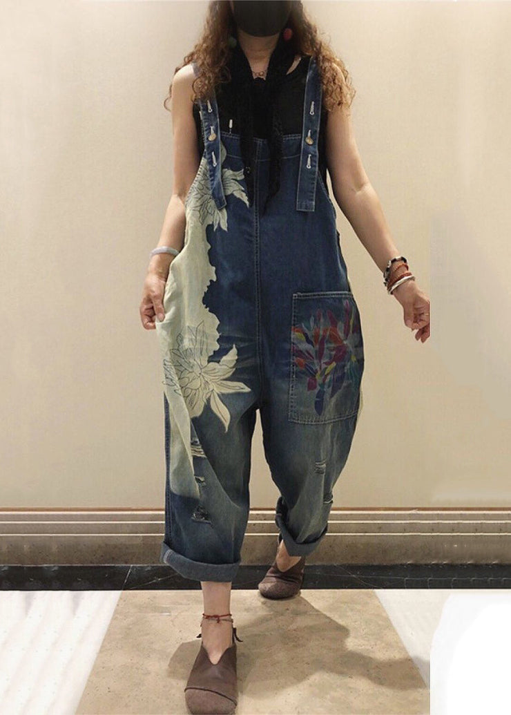 Chic Blue Print Pockets High Waist Denim Jumpsuit Sleeveless