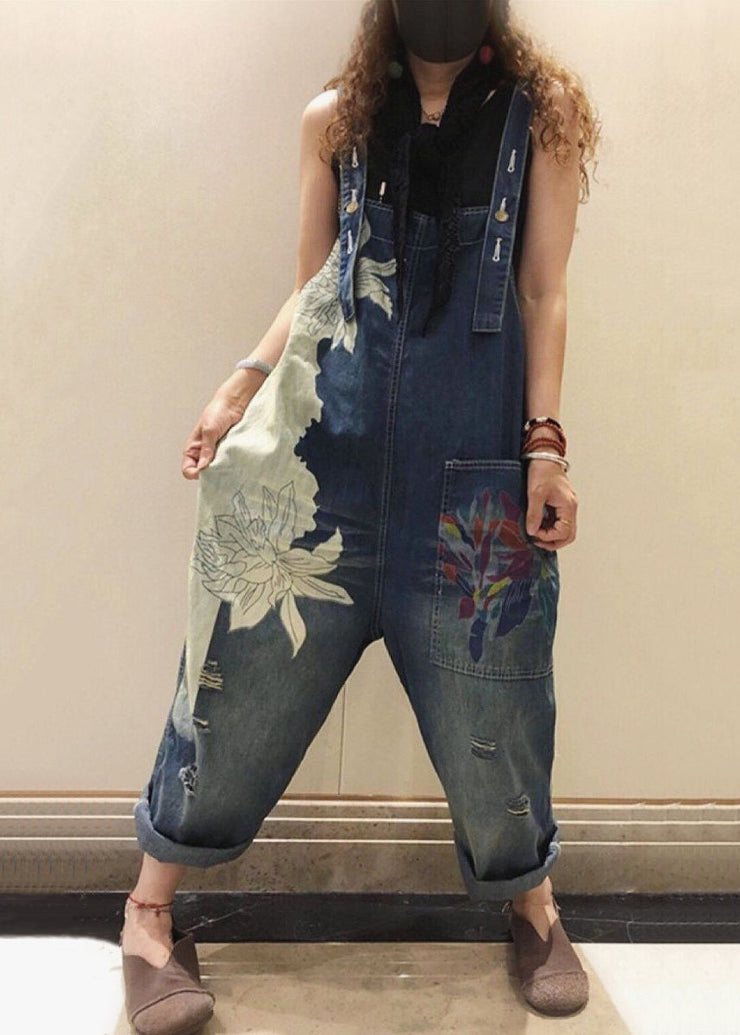 Chic Blue Print Pockets High Waist Denim Jumpsuit Sleeveless