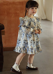 Chic Blue Ruffled Patchwork Kids Vacation Long Dresses Fall