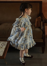 Chic Blue Ruffled Patchwork Kids Vacation Long Dresses Fall