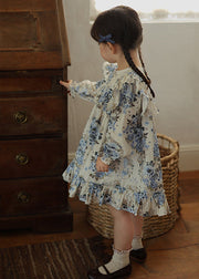 Chic Blue Ruffled Patchwork Kids Vacation Long Dresses Fall