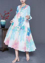 Chic Blue Ruffled Patchwork Print Chiffon Holiday Dresses Summer