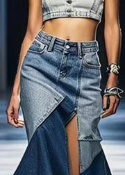 Chic Blue Side Open Patchwork Denim Skirt Summer