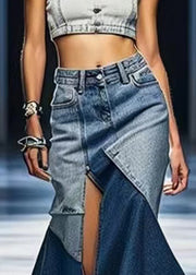 Chic Blue Side Open Patchwork Denim Skirt Summer