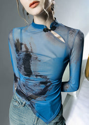 Chic Blue Stand Collar Asymmetrical Print Tulle Tops Fall