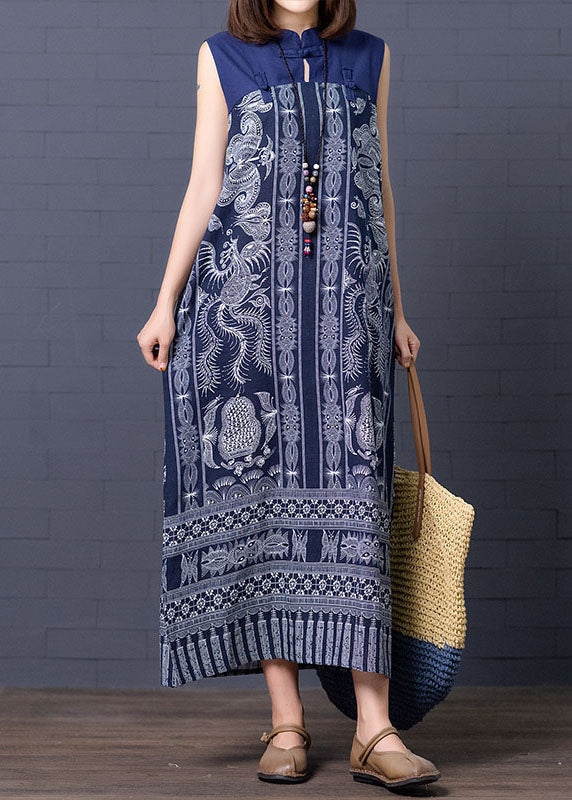 Chic Blue Stand Collar Print Patchwork Cotton Summer Dress Sleeveless