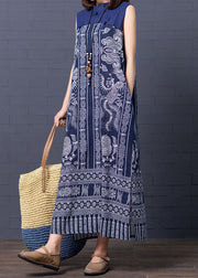 Chic Blue Stand Collar Print Patchwork Cotton Summer Dress Sleeveless