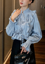 Chic Blue Stand Collar Ruffled Print Tie Waist Button Shirt Long Sleeve