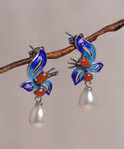 Chic Blue Sterling Silver Cloisonne Jade Pearl Butterfly Stud Earrings