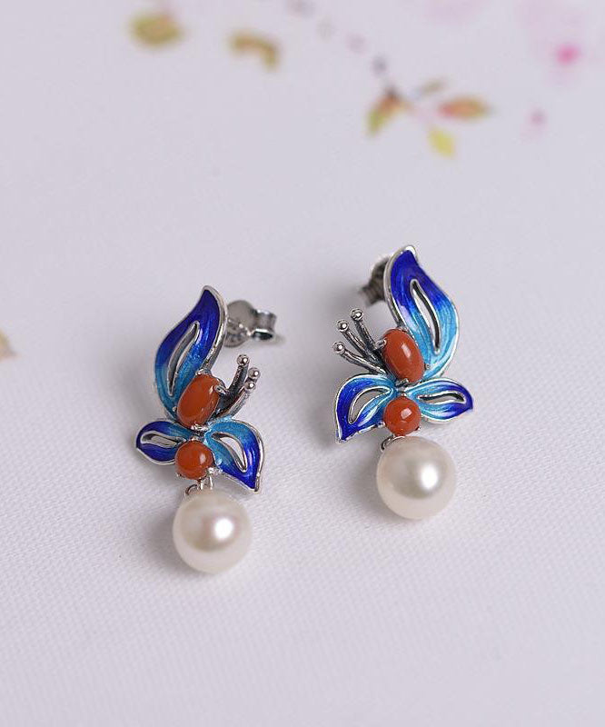 Chic Blue Sterling Silver Cloisonne Jade Pearl Butterfly Stud Earrings