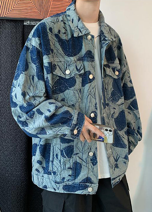 Chic Blue Tie Dye Button Denim Men Coat Fall