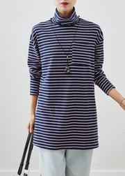 Chic Blue Turtle Neck Striped Cotton Shirt Top Fall