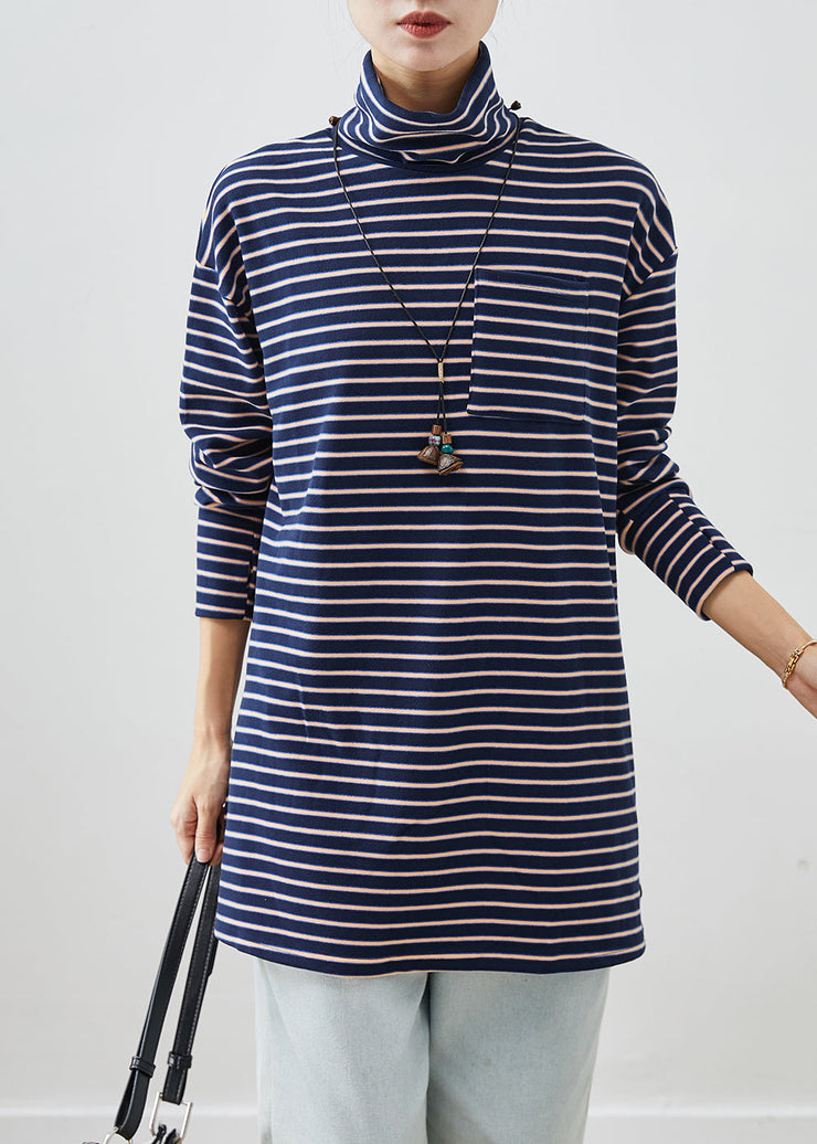 Chic Blue Turtle Neck Striped Cotton Shirt Top Fall