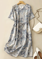 Chic Blue V Neck Print Tie Waist Cotton Dresses Summer