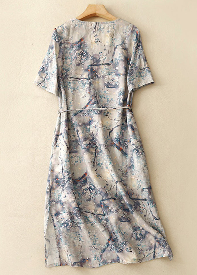 Chic Blue V Neck Print Tie Waist Cotton Dresses Summer