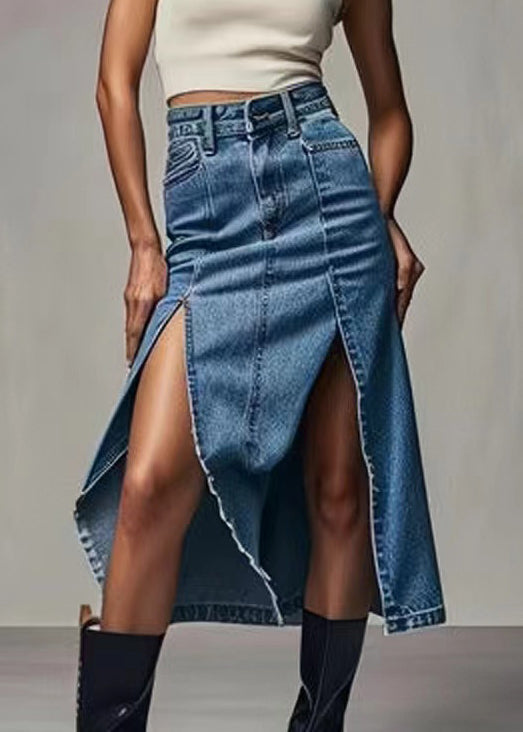 Chic Blue Zippered Side Open High Waist Denim Skirt Summer