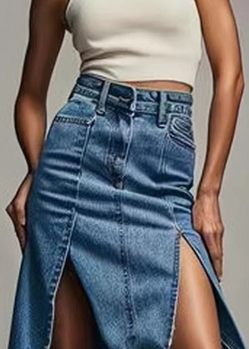 Chic Blue Zippered Side Open High Waist Denim Skirt Summer