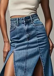 Chic Blue Zippered Side Open High Waist Denim Skirt Summer