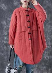 Chic Brick Red Oversized Pockets Fine Cotton Filled Women Witner Coats