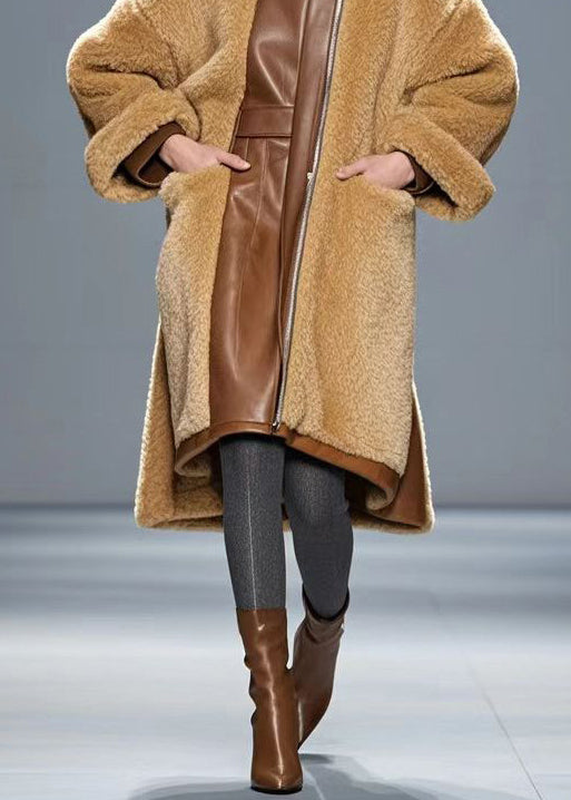 Chic Brown Oversized PU Patchwork Warm Fleece Trench Winter