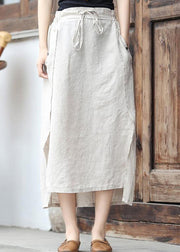 Chic Brown elastic waist tie waist Asymmetrical Pockets Linen Skirt Spring