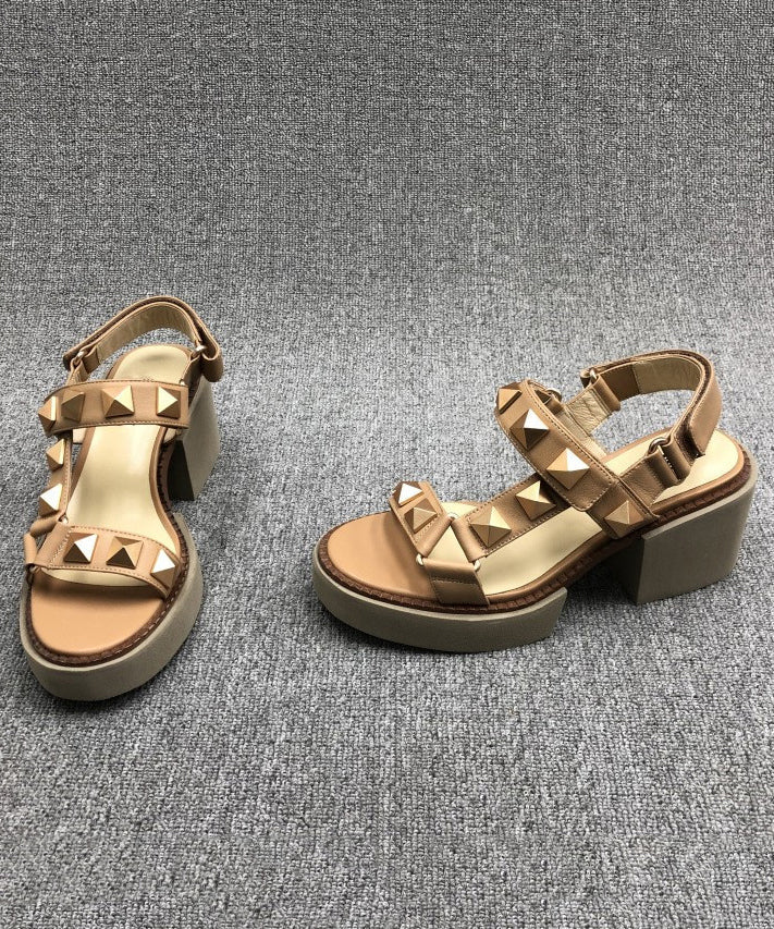 Chic Camel Rivet Chunky Cowhide Leather Sandals