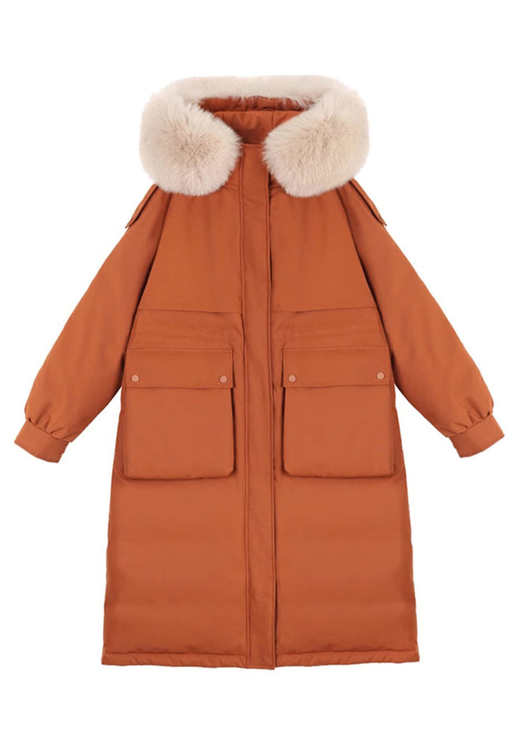 Chic Caramel Hooded Pockets Fur Collar Duck Down Coats Winter