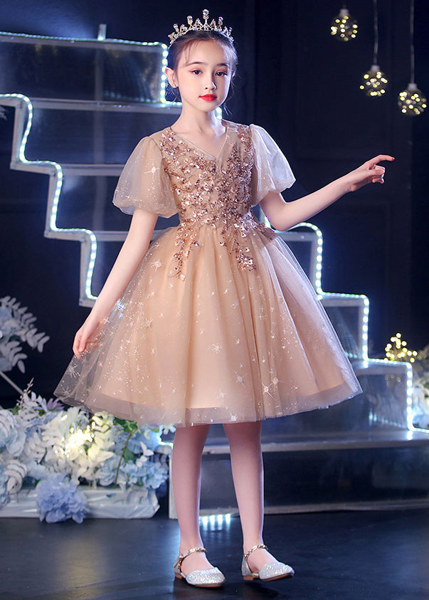 Chic Champagne Puff Sleeve Sequins Tulle Kids Girls Dress Summer