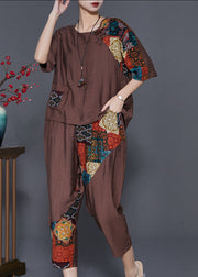 Chic Coffee Chinese Button Patchwork Linen Two Pieces Set Summer