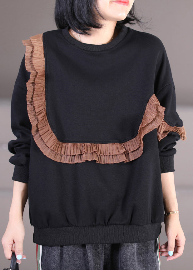 Chic Coffee O-Neck Ruffled Patchwork Cotton Sweatshirts Fall