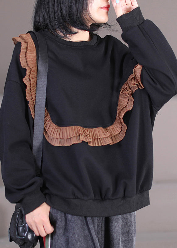 Chic Coffee O-Neck Ruffled Patchwork Cotton Sweatshirts Fall