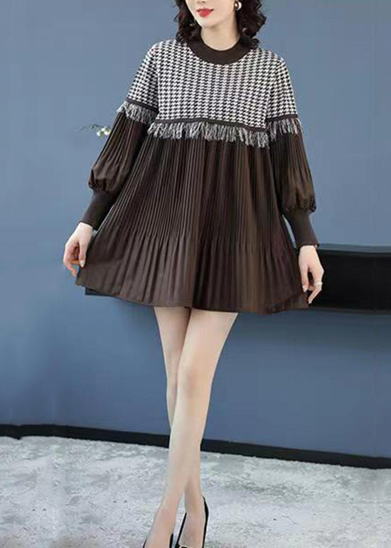 Chic Coffee O-Neck Tasseled Wrinkled Patchwork Cotton Mid Dress Lantern Sleeve