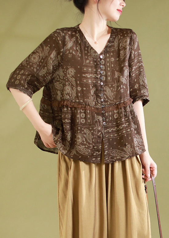 Chic Coffee Print Ruffled Patchwork Linen Shirts Summer