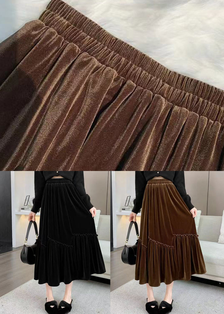 Chic Coffee Ruffled Patchwork Elastic Waist Velour Skirt Spring