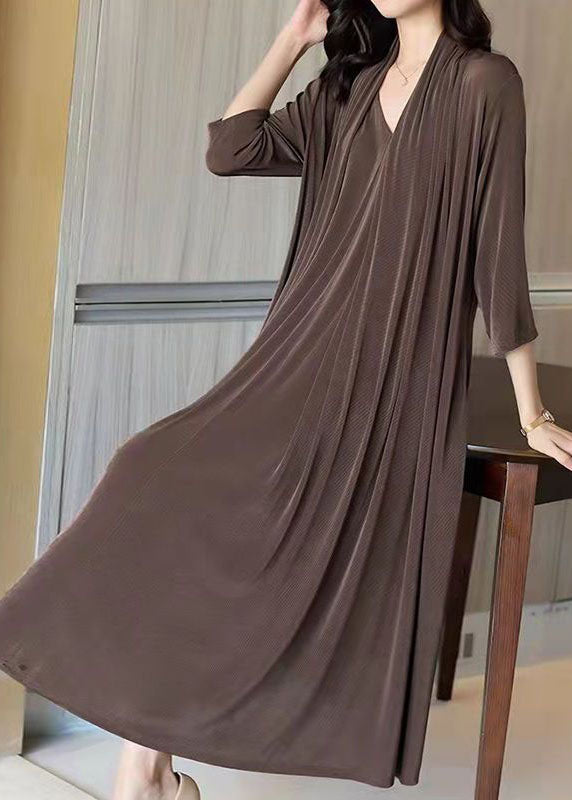 Chic Coffee V Neck Patchwork False Two Pieces Silk Long Dress Spring