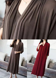 Chic Coffee V Neck Patchwork False Two Pieces Silk Long Dress Spring