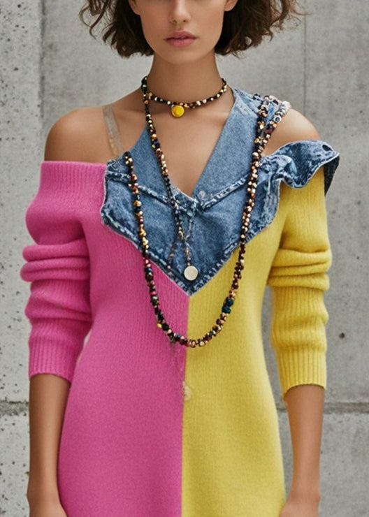 Chic Cold Shoulder Asymmetrical Patchwork Denim Sweater Dress Fall