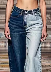 Chic Colorblock Asymmetrical Pockets High Waist Denim Crop Pants Summer