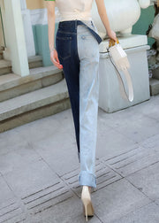 Chic Colorblock Asymmetrical High Waist Denim Pants Spring