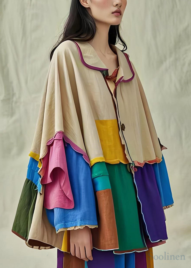 Chic Colorblock Peter Pan Collar Patchwork Cotton Shirts Coat Fall