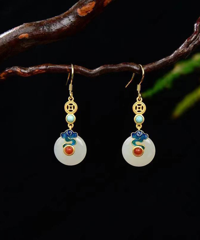 Chic Colorblock Sterling Silver Overgild Jade Agate Turquoise Enamel Xiangyun Drop Earrings