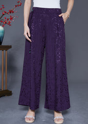 Chic Dark Purple Elastic Waist Jacquard Silk Pants Summer