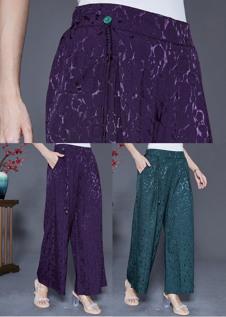 Chic Dark Purple Elastic Waist Jacquard Silk Pants Summer